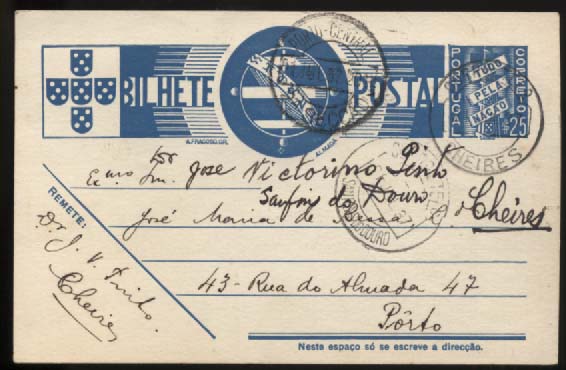 0730.jpg -     Lote:    730            Portugal       Descrição:         1936/39 &mdash; Tudo pela Nação. OM83, $25 azul-cinzento claro. Lote de 20 inteiros circulados com marcofilia variada (CHEIRES, CERDAL (VALENÇA), VALINHA, PENAJOIA, etc.., incluindo ambulâncias ferroviárias.         IC       Valor Base:     &euro; 8,00     Valor Venda:     &euro; 48,00     