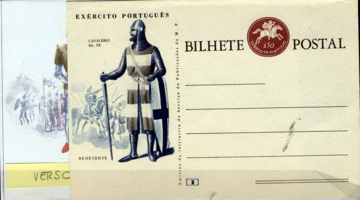 0734.jpg -     Lote:    734            Portugal       Descrição:         1964 &mdash; Selo tipo Postilhão. Série Fardamentos do Exército Português. OM158, $50 castanho-lilás escuro. N.º 1 &mdash; Cavaleiro / Séc. XII. Inteiro postal novo com impressão no verso da gravura do inteiro n.º 6 &mdash; Guerreiro de Arzila / Séc. XV, e com falta de impressão de algumas cores. MB e MR.        IN       Valor Base:     &euro; 55,00     Valor Venda:     Retirado     
