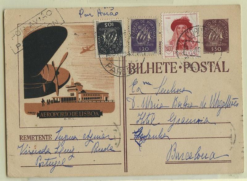 0737.jpg -     Lote:    737            Portugal       Descrição:         1947 &mdash; 4.ª Série S.P.P. Propaganda da Câmara Municipal de Lisboa. OM108, $30 castanho (A &mdash; AEROPORTO DE LISBOA), circulado por via aérea, remetido da Parede (25.08.47) para Barcelona com selos adicionais tipo Caravela CE617 e 629 + Costumes Portugueses CE681.        IC       Valor Base:     &euro; 8,00     Valor Venda:     &euro; 10,00     