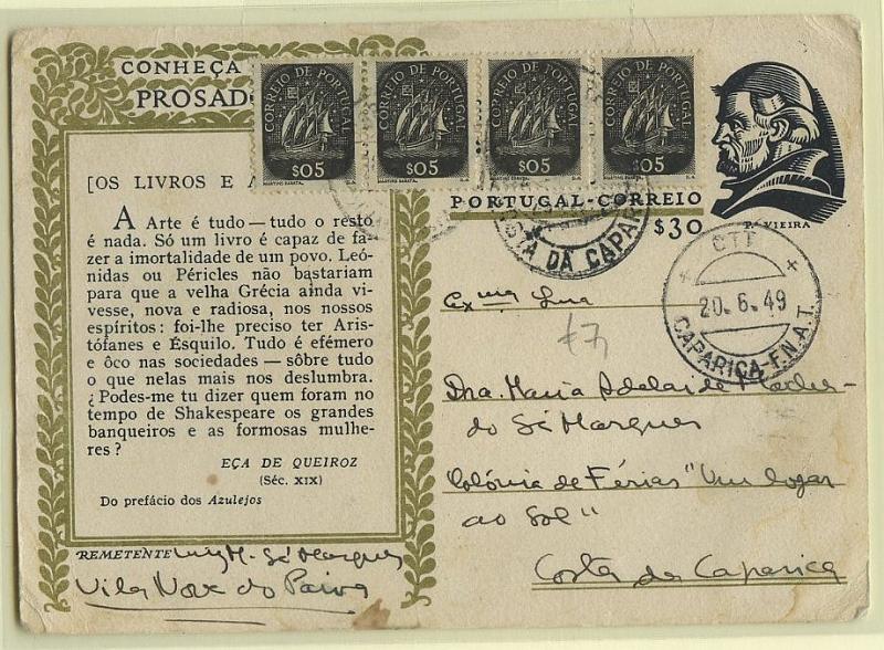 0738.jpg -     Lote:    738            Portugal       Descrição:         1948 &mdash; Conheça os seus Prosadores. OM111, $30 preto (composição verde azeitona) n.º 23, circulado da Caparica-F.N.A.T. (20.06.49) para a Costa da Caparica, com 4 selos adicionais de $05 tipo Caravela. MB.        IC       Valor Base:     &euro; 5,00     Valor Venda:     &euro; 5,00     