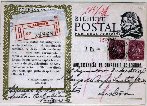 0740.jpg -     Lote:    740            Portugal       Descrição:         1948 &mdash; Conheça os seus Prosadores, com sobretaxa carmim. OM115 (18 &mdash; Das Viagens na Minha Terra), $50 s/ $30, circulado registado de Carlos Alberto * Porto (01.08.50) para Lisboa (02.08.50) com dois selos adicionais de $50 e 1$00 tipo Caravela CE623 e 697. Repicado pela A SEGURADORA NACIONAL. Mod54 &mdash; 1.000 ex. &mdash; 9/949.        IC       Valor Base:     &euro; 10,00     Valor Venda:     &euro; 10,00     