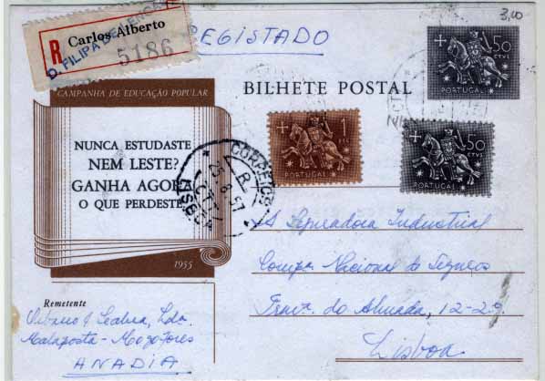 0743.jpg -     Lote:    743            Portugal       Descrição:         1955/56 &mdash; Campanha da Educação Popular. Selo tipo Cavaleiro Medieval. OM131, 50C preto e cinzento, legenda "NUNCA ESTUDASTE NEM LESTE?", circulado registado de Anadia (24.08.57) para Lisboa (25.08.57) com selos tipo Cavaleiro Medieval de $50 e 1$00. Repicado pela A SEGURADORA INDUSTRIAL &mdash; Mod. 22 &mdash; 1.000 ex.        IC       Valor Base:     &euro; 10,00     Valor Venda:     &euro; 10,00     