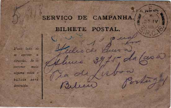 0749.jpg -     Lote:    749            Portugal       Descrição:         1917 &mdash; Bilhetes Postais Isentos de Franquia. Corpo Expedicionário Português. Fornecidos pelo Exército Inglês. OM CEP2 (SERVIÇO DE CAMPANHA/ BILHETE POSTAL), circulado do SPC18 (27.IV.18, para Belém * Lisboa.        IC       Valor Base:     &euro; 20,00     Valor Venda:     Retirado     