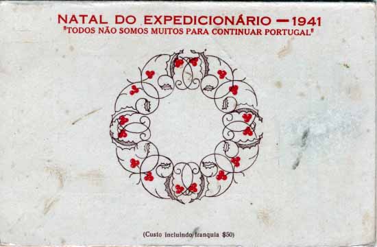0750.jpg -     Lote:    750            Portugal       Descrição:         1941 &mdash; 2.ª Guerra Mundial. Forças Mobilizadas. Bilhetes Postais de Boas-Festas da emissão de 1937 com sobrecarga vermelha "NATAL DO EXPEDICIONÁRIO &mdash; 1941 / TODOS NÃO SOMOS MUITOS PARA CONTINUAR PORTUGAL". Tipo aspas altas. OM FM1 ($25) Azul claro n.º 9 (Adoração). Novo.        IN       Valor Base:     &euro; 15,00     Valor Venda:     &euro; 18,00     