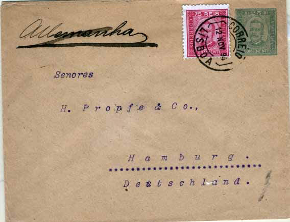 0752.jpg -     Lote:    752            Portugal       Descrição:         1893 &mdash; D. Carlos I, tipo Diogo Neto. Sobrescritos. OM3, 25 reis verde, circulado de Lisboa (12.11.94) para Hamburgo (16.11.94), com selo adicional de 75 reis D. Carlos I tipo Diogo Neto, denteado 11 &frac12;, papel porcelana, CE72. MB e MR.        IC       Valor Base:     &euro; 50,00     Valor Venda:     Retirado     