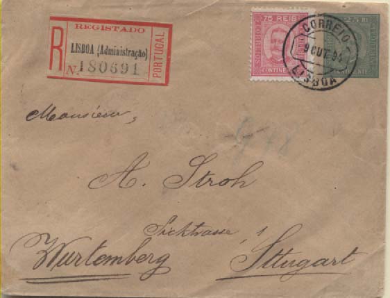 0753.jpg -     Lote:    753            Portugal       Descrição:         1893 &mdash; D. Carlos I Diogo Neto. Sobrescritos. OM3, 25 reis verde sobre papel camurça, circulado registado de Lisboa (09.10.94) para a Alemanha (16.10.94) com selo adicional de 75 reis D. Carlos I Diogo Neto, papel porcelana, denteado 11 &frac12;, CE72. MB e R.        IC       Valor Base:     &euro; 35,00     Valor Venda:     Retirado     