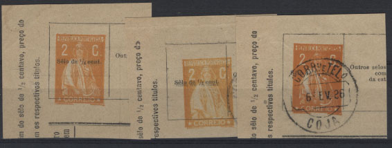 0758.jpg -     Lote:    758            Portugal       Descrição:         192&frac12;5 &mdash; Ceres. Impresso Selados. De Serviço. OM2, 2C amarelo-laranja com sobretaxa "Selo de &frac12; cent." (Relação de recibos a cobrar). Lote de 3 fragmentos, dois deles obliterados com CCD's de Coja e Figueira da Foz.        FRG       Valor Base:     &euro; 10,00     Valor Venda:     &euro; 10,00     
