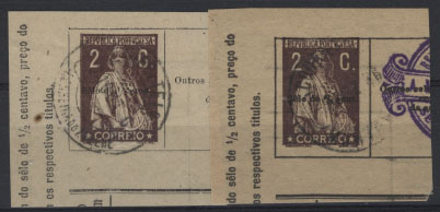 0759.jpg -     Lote:    759            Portugal       Descrição:         192&frac12;5 &mdash; Ceres. Impresso Selados. De Serviço, 2C castanho com sobretaxa "Selo de &frac12; cent." (Relação de recibos a cobrar). NÃO CATALOGADO. Lote de 2 fragmentos, obliterados com CCD's de Ferreira do Zêzere e Mortagoa.         FRG       Valor Base:     &euro; 8,00     Valor Venda:     &euro; 8,00     