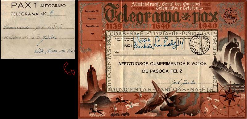 0761.jpg -     Lote:    761            Portugal       Descrição:         1940 &mdash; Boas Festas. Telegramas PAX. OM PAX12a, comemorativo do Duplo Centenário, com a inscrição "OITOCENTAS PÁSCOAS NA HISTÓRIA DE PORTUGAL", circulado de Lisboa (23.03.40) para Vila Nova da Cerveira (24.03.40). MB e R.        IC       Valor Base:     &euro; 8,00     Valor Venda:     &euro; 30,00     