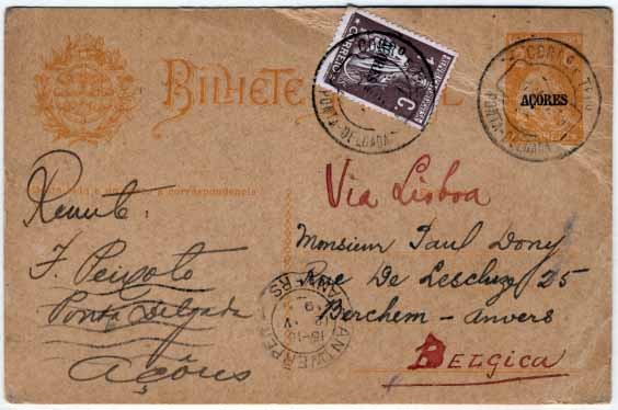 0762.jpg -     Lote:    762            Açores e Distritos Postais       Descrição:         1918/20 &mdash; Ceres. Bilhetes-postais do Continente com sobrecarga AÇORES. OM42, 2C ocre, circulado de Ponta Delgada (01.05.19) para a Bélgica (12.05.19), com selo adicional de 1C castanho CE164, tipo Ceres do Continente com sobrecarga AÇORES. B e R.        IC       Valor Base:     &euro; 20,00     Valor Venda:     Retirado     
