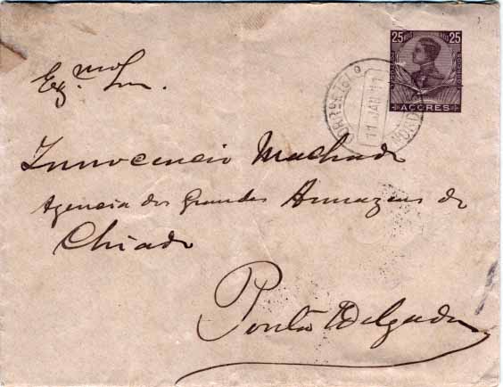 0763.jpg -     Lote:    763            Açores e Distritos Postais       Descrição:         19610 &mdash; D. Manuel II. Sobrescritos. OM7, 25 reis castanho, circulado do Nordeste (11.01.11) para Ponta Delgada (13.01.11). Carimbo circular datado batido a preto de NORDESTE.        IC       Valor Base:     &euro; 25,00     Valor Venda:     Retirado     