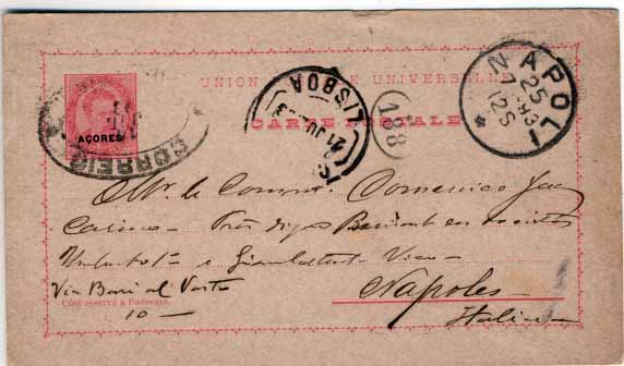 0764.jpg -     Lote:    764            Açores e Distritos Postais       Descrição:         1884/87 &mdash; D. Luís I, de frente, sobrecarga Açores pequena. OM15, 20 reis carmim, circulado do Faial (14.07.93) para a Itália (carimbo de chegada na frente de 25.07.93) com trânsito por Lisboa (21.07.93). Circulado cerca de um mês antes de serem retirados de circulação (20.08.93). B.        IC       Valor Base:     &euro; 15,00     Valor Venda:     Retirado     