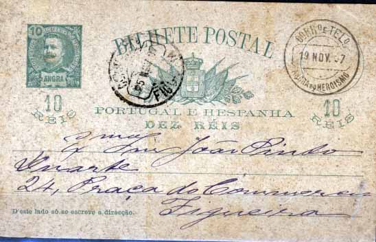 0765.jpg -     Lote:    765            Açores e Distritos Postais       Descrição:         1897 &mdash; D. Carlos I tipo Mouchon. OM7, 10 reis verde sobre cartolina camurça, circulado de Angra do Heroísmo (19.11.97) para a Figueira (25.11.07). MB.        IC       Valor Base:     &euro; 10,00     Valor Venda:     &euro; 14,00     