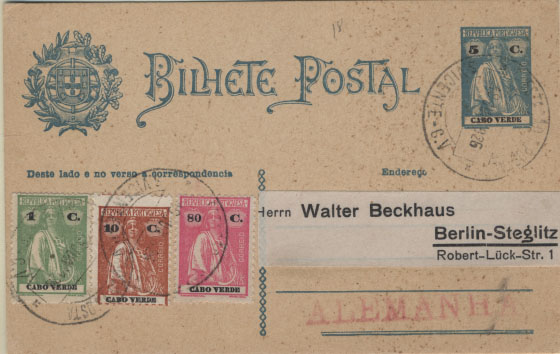 0776.jpg -     Lote:    776            Cabo Verde       Descrição:         1926 &mdash; Tipo Ceres. OM18, 5C azul claro sobre cartolina camurça, circulado de S. Vicente (19.06.26) para a Alemanha, com selos adicionais de 1C, 10C e 80C tipo Ceres CE139, 146 e 180.        IC       Valor Base:     &euro; 15,00     Valor Venda:     Retirado     