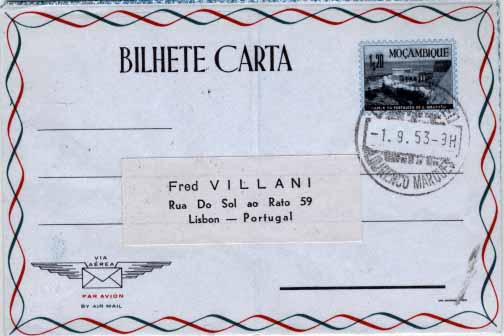 0778.jpg -     Lote:    778            Moçambique       Descrição:         1953 &mdash; Vistas de Moçambique. Bilhetes-Cartas do correio aéreo. OM15, 1$20 preto e azul claro (Capela da Fortaleza de S. Sebastião), circulado de L. Marques (01.09.53 &mdash; 1.º dia de circulação) para Lisboa (27.09.53).        IC       Valor Base:     &euro; 10,00     Valor Venda:     &euro; 14,00     