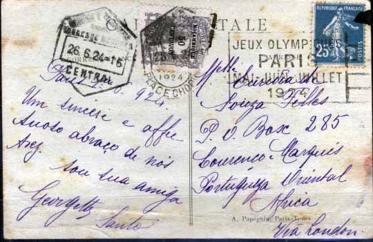 0788.jpg -     Lote:    788            Moçambique       Descrição:         Porteados. 1917 &mdash; Tipo de 1904, com valor em centavos. Postal ilustrado circulado de França (01.06.24) para Lourenço Marques (26.06.24). Insuficientemente franqueado, foi porteado à chegada com selo de $50 violeta-cinzento (selo com defeito), CE POR40.        PI       Valor Base:     &euro; 50,00     Valor Venda:     Retirado     