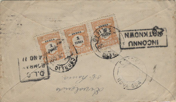 0791.jpg -     Lote:    791            Índia Portuguesa       Descrição:         1904 &mdash; Porteado. Emissão Regular. Sobrescrito circulado de Leeds (10.06.1911) para Saligão (28.10.1911) com selo de 1p, insuficientemente franquiada, tendo sido porteada à chegada com tira de 3 selos de 1 Tanga laranja amarelo CE POR7. Carimbo rectangular batido a violeta "REFUGO / INDIA PORTUGUESA". MB e MR.        Carta       Valor Base:     &euro; 150,00     Valor Venda:     &euro; 340,00     