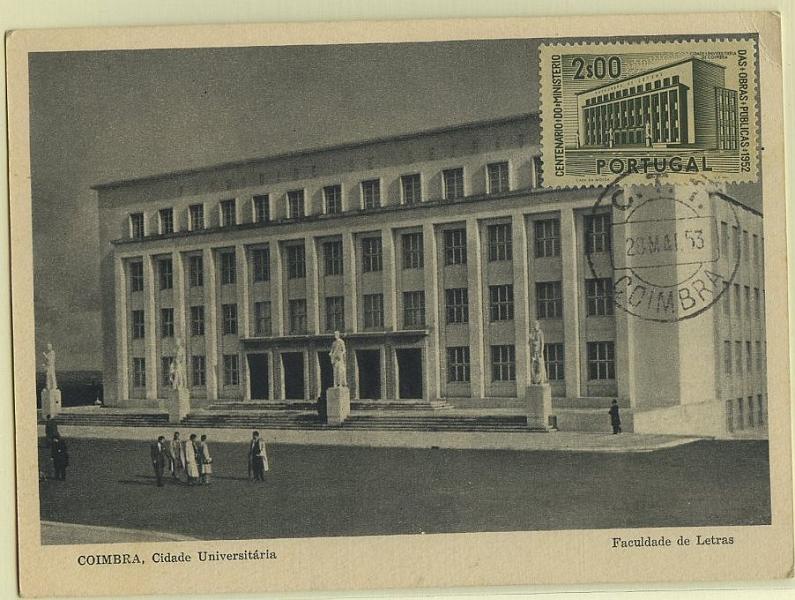 0794.jpg -     Lote:    794                   Descrição:         1952 &mdash; 1.º Centenário do Ministério das Obras Públicas. Faculdade de Letras em Coimbra. Postal ilustrado concordante com o selo de 2$00 CE747, obliterados com marca de dia de Coimbra (28.05.53).        PM       Valor Base:     &euro; 30,00     Valor Venda:     &euro; 32,00     