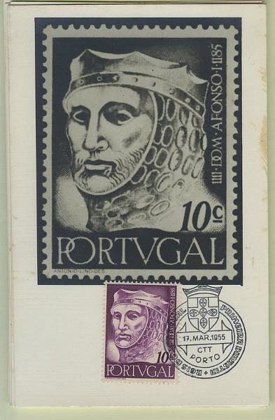 0796.jpg -     Lote:    796                   Descrição:         1955 &mdash; Reis de Portugal da 1.ª Dinastia. Lote de 9 postais ilustrados fotográficos concordantes com os 9 selos da emissão, obliterados com carimbos do 1.º dia de circulação do Porto (17.03.55).        Lote       Valor Base:     &euro; 40,00     Valor Venda:     Retirado     