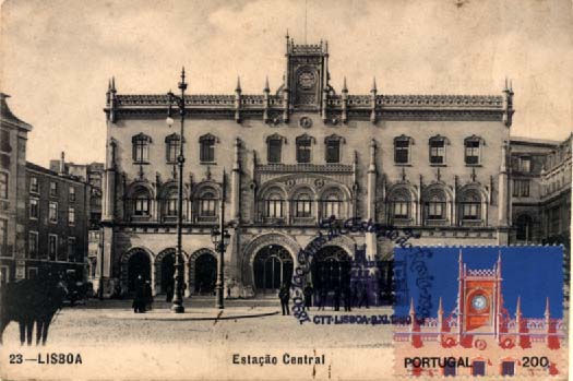 0806.jpg -     Lote:    806                   Descrição:         1990 &mdash; 100 Anos da Estação do Rossio. Postal ilustrado concordante com selo de 200$00 CE1976 (selo do bloco), obliterados com carimbo do 1.º dia de circulação de Lisboa (09.11.1990).        PM       Valor Base:     &euro; 10,00     Valor Venda:     &euro; 16,00     