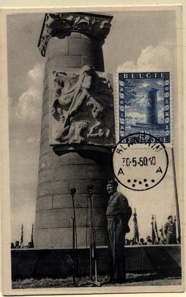0812.jpg -     Lote:    812                   Descrição:      Bélgica.   1950 &mdash; Amizade Anglo-Belga. Postal ilustrado com memorial belgo-britânico, erigido em Hertain para comemorar a entrada das primeiras tropas Inglesas na Bélgica para a sua libertação (2.ª Guerra Mundial), com selo representando o monumento, de 4f + 2f, azul (Yvert825), obliterados com marca de dia de Blandai (30.05.50).        PM       Valor Base:     &euro; 10,00     Valor Venda:     &euro; 10,00     