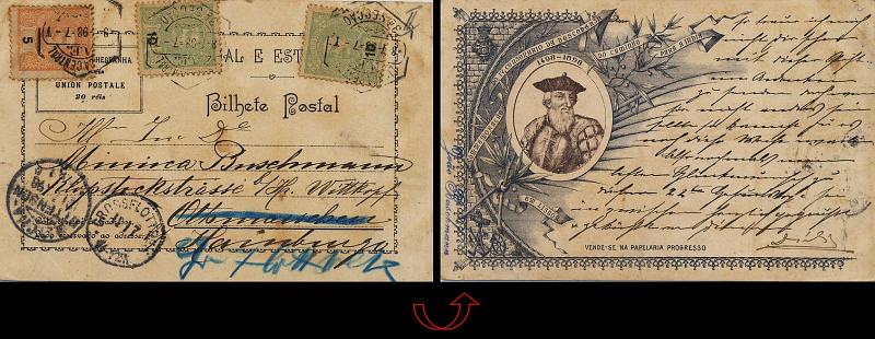 0848.jpg -     Lote:    848                   Descrição:         1898 &mdash; Comemoração do IV Centenário da Descoberta do Caminho para a Índia. 1498-1898 &mdash; VASCO DA GAMA. Impressão ardósia. Editado pela Papelaria Progresso. Circulado de Lisboa (08.07.98) para a Alemanha (12.07.98), com selos de 10 reis verde amarelo (2) e 5 reis laranja, tipo Mouchon CE127/128. MB e MR.        PI       Valor Base:     &euro; 75,00     Valor Venda:     Retirado     