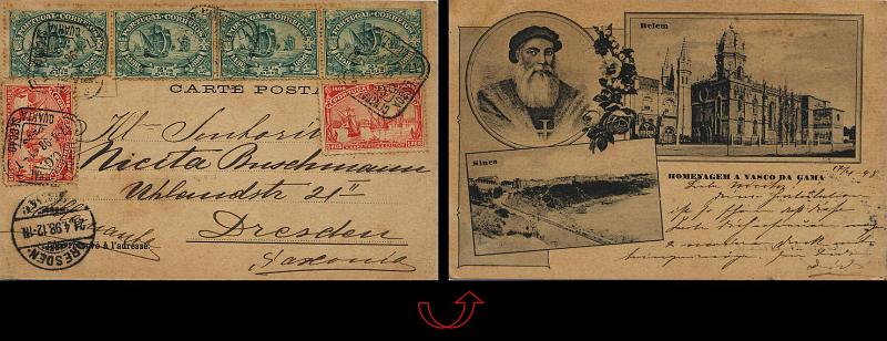 0849.jpg -     Lote:    849                   Descrição:         1898 &mdash; Homenagem a Vasco da Gama * Belém / Sines / Vasco da Gama. Circulado de Lisboa (17.04.1898) para Dresden (21.04.98), com 4 selos de 2 &frac12; e dois selos de 5 reis da emissão comemorativa do 4.º Centenário do Descobrimento do Caminho Marítimo para a Índia CE148/149.        PI       Valor Base:     &euro; 75,00     Valor Venda:     Retirado     