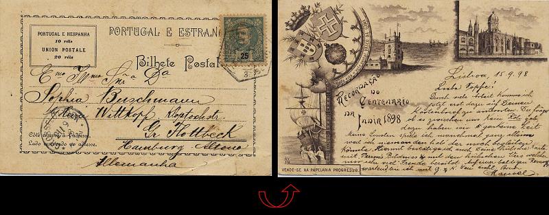 0850.jpg -     Lote:    850                   Descrição:         1898 &mdash; Recordação do Centenário da Índia. "Onde está n'este postal VASCO DA GAMA". Impressão a sépia. Editado pela Papelaria Progresso. Circulado de Lisboa (15.09.98) para a Alemanha (21.09.98), com selo de 25 reis verde tipo Mouchon CE131. MB e MR.        PI       Valor Base:     &euro; 75,00     Valor Venda:     Retirado     
