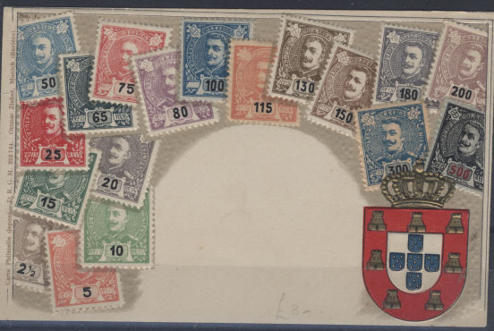 0851.jpg -     Lote:    851                   Descrição:         Temáticos. Filatelia e Monarquia. Postal ilustrado com impressão em relevo dos selos das emissões de D. Carlos I tipo Mouchon + escudo monárquico. MB e R.        PI       Valor Base:     &euro; 15,00     Valor Venda:     Retirado     