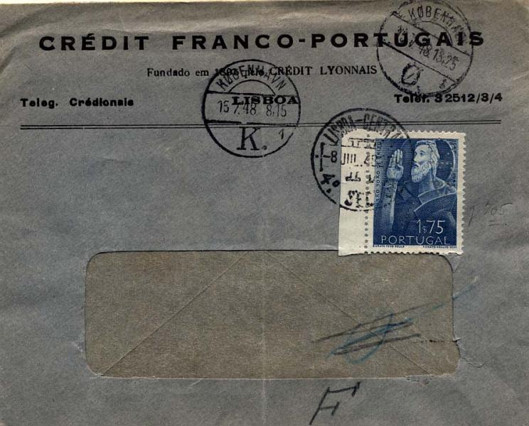 0879.jpg -     Lote:    879                   Descrição:         Perfurados. 1948 &mdash; 3.º Centenário do Nascimento de S. João de Brito. CE694, 1$75 azul, em sobrescrito circulado de Lisboa (08.07.48) para a Alemanha (15.07.48), com perfuração CFP &mdash; Credit Franco-Portugais.        Carta       Valor Base:     &euro; 5,00     Valor Venda:     &euro; 32,00     