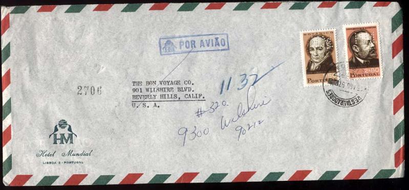 0880.jpg -     Lote:    880                   Descrição:         Perfurados. 1966 &mdash; Cientistas Portugueses. Sobrescrito circulado de Lisboa (15.08.67) para os EUA, com selos CE989 e 992, com perfuração "H. M." (Hotel Mundial). Perfuração muito rara em carta.        Carta       Valor Base:     &euro; 25,00     Valor Venda:     &euro; 80,00     