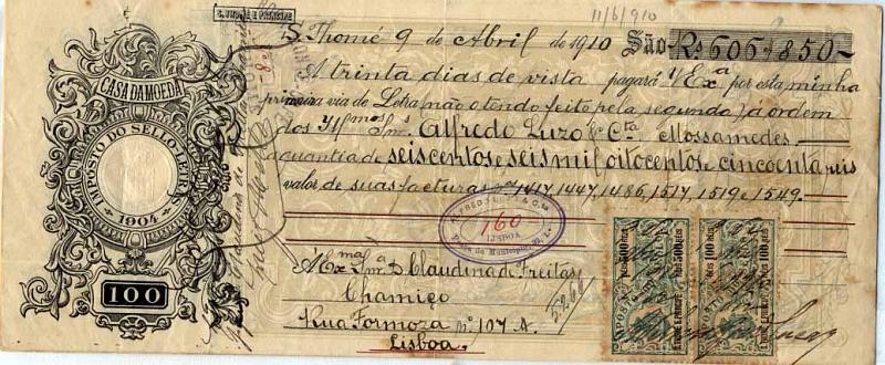 0900.jpg -     Lote:    900                   Descrição:         Fiscais. S. Tomé e Príncipe. Lote de 6 letras de 100(2), 200, 300, 400 e 500 reis datadas de 1906 a 1914, incluindo estampilhas fiscais de 200 e 500 reis PB37 e 40.        Lote       Valor Base:     &euro; 6,00     Valor Venda:     &euro; 10,00     