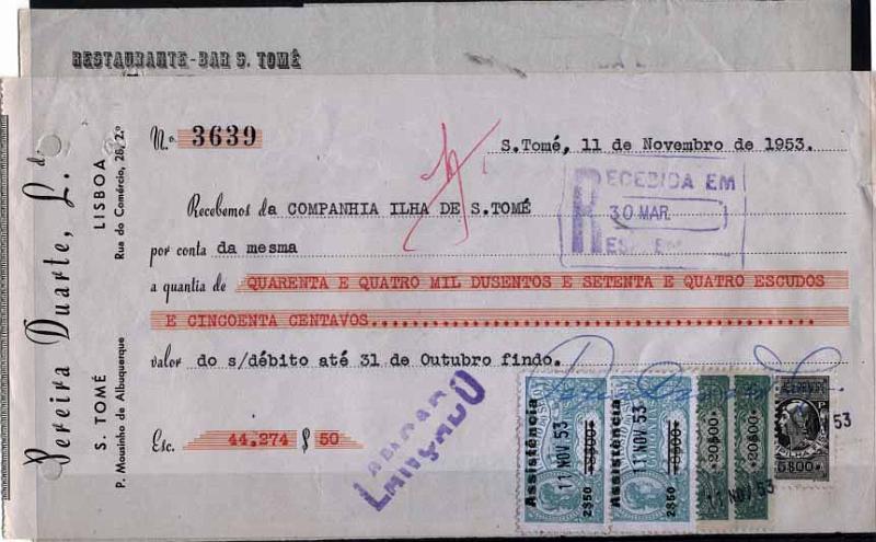 0901.jpg -     Lote:    901                   Descrição:         Fiscais. 1917/48 &mdash; Imposto de Selo e Assistência. Lote de 2 recibos: um emitido em 11.11.53 com estampilhas de 20$00x2 (Colónias), 5$00 e Assistência 2$50 s/8$00 PB84, 90, 12; outro emitido em 24.11.53 com estampilhas de $10 e $50(2) + Assistência de 1$00 (2) PB81, 83 e 32.        DOC       Valor Base:     &euro; 8,00     Valor Venda:     &euro; 10,00     