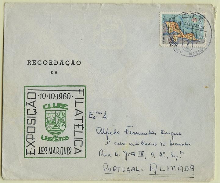 0907.jpg -     Lote:    907                   Descrição:         Vinhetas. Exposição Filatélica do Clube dos Lisboetas em Lourenço Marques. Sobrescrito circulado de Lourenço Marques (10.10.60) para Almada, com selo de 1$00 CE415. No verso vinheta alusiva ao evento na cor rosa.        Carta       Valor Base:     &euro; 8,00     Valor Venda:     &euro; 14,00     