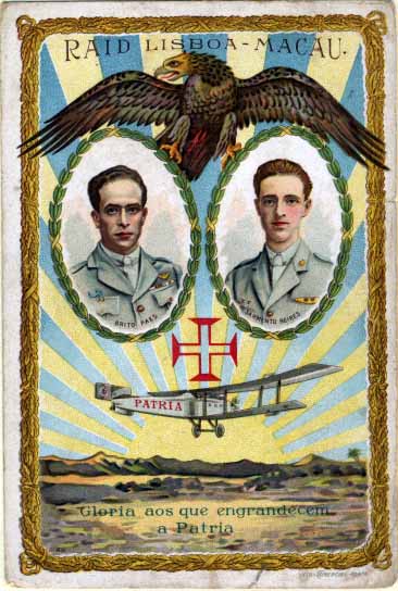 0910.jpg -     Lote:    910                   Descrição:         Raid Lisboa-Macau. Postal ilustrado com figuras de Brito Alves e Sarmento Beires + avião PÁTRIA. Editado por Monteiro &mdash; R. de Loureiro, 74 &mdash; Porto.         Aéreo/PI       Valor Base:     &euro; 25,00     Valor Venda:     &euro; 32,00     