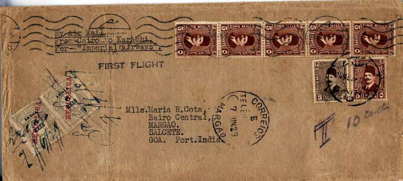 0924.jpg -     Lote:    924                   Descrição:         1.º Voo Cairo / Karachi com ligação à Índia Portuguesa. Sobrescrito circulado do Cairo (24.05.29) para Salcete, com trânsito por Margão (07.06.29). Insuficientemente franquiada foi porteada à chegada com dois selos de 6 reis tipo Emissão Regular com sobrecarga REPUBLICA da Casa da Moeda CE POR5, com obliteração manuscrita.        Aéreo       Valor Base:     &euro; 150,00     Valor Venda:     &euro; 850,00     