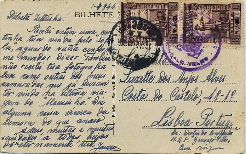 0941.jpg -     Lote:    941                   Descrição:         Marcas de Barcos da Marinha. N.R.P. GONÇALO VELHO. Postal ilustrado lançado a bordo de barco da Marinha (01.04.44) com par de selos de $15 Império Colonial Português de Moçambique, com destino a Lisboa (12.05.44). Carimbo batido a violeta "AVISO DE 2.ª CLASSE / GONÇALO VELHO". MB e MR.        PI       Valor Base:     &euro; 200,00     Valor Venda:     &euro; 950,00     