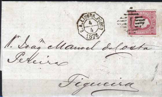 0945.jpg -     Lote:    945                   Descrição:         Correio ferroviário. 1870/76 &mdash; D. Luís I fita direita. CE40, 25 reis carmim, papel liso, denteado 12 &frac12;, circulado pela Estação Ambulante Lisboa-Porto (04.04.1876) para a Figueira (selo com defeito). Carimbo datado da Ambulância + carimbo numérico em losango n.º 1, ambos batidos a preto. MB e R.        Carta       Valor Base:     &euro; 30,00     Valor Venda:     &euro; 110,00     