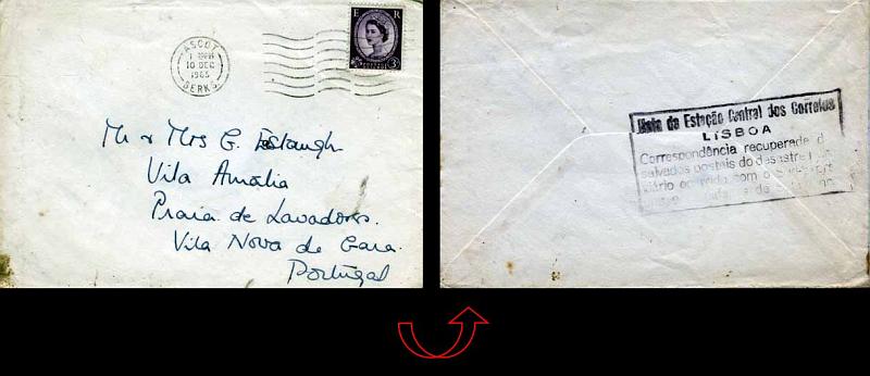 0956.jpg -     Lote:    956                   Descrição:         Correio ferroviário acidentado. Carta remetida de Ascot * Inglaterra (10.12.65) para Portugal * Vila Nova de Gaia, recuperada dos salvados do desastre ferroviário com o SUD-EXPRESS nas proximidades de Salamanca. Carimbo alusivo ao acidente batido no verso a azul escuro. MB.        Carta       Valor Base:     &euro; 30,00     Valor Venda:     Retirado     