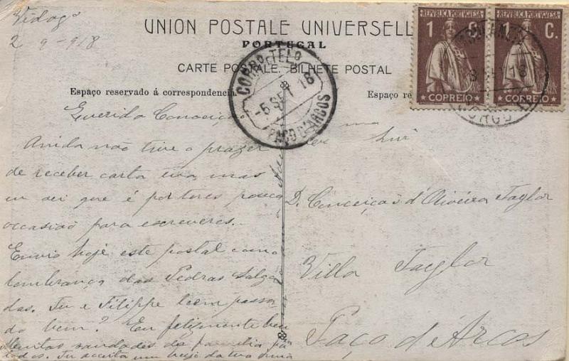 0959.jpg -     Lote:    959                   Descrição:         Correio ferroviário. CCD's. Postal ilustrado circulado pela AMBULÂNCIA / CORGO II (03.09.18) para Paço de Arcos (05.09.18), com par de selos de 1C castanho, denteado 15x14, papel pontinhado, CE221.        PI       Valor Base:     &euro; 5,00     Valor Venda:     &euro; 6,00     