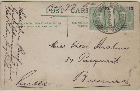 0960.jpg -     Lote:    960                   Descrição:         Marcas do correio ferroviário. 1896/1901 &mdash; Postal ilustrado circulado de Lourenço Marques (15.09.07) para a Suíça com par de selos de 10 reis verde amarelo, CE34. Carimbo batido a preto "CORREIO AMBULANTE / LOURENÇO MARQUES".        Carta       Valor Base:     &euro; 20,00     Valor Venda:     Retirado     