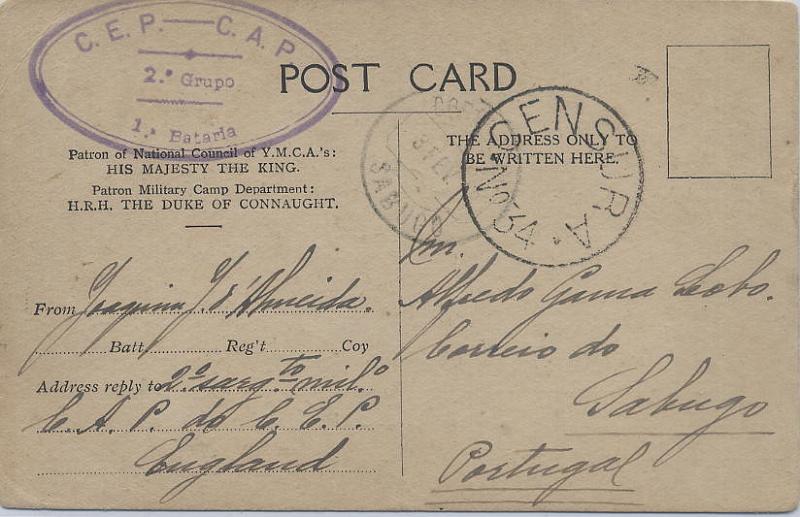 0962.jpg -     Lote:    962                   Descrição:         1.ª Guerra Mundial * Isentos de franquia. Postal ilustrado  do YMCA remetido de Horsham * Inglaterra (16.01.1918) por militar português para Sabugo (03.02.18), isento de franquia. Carimbo oval batido a violeta "C.E.P. &mdash; C.A.P. / 2.º GRUPO / 1.ª BATERIA". MB e R.        PI       Valor Base:     &euro; 50,00     Valor Venda:     &euro; 90,00     