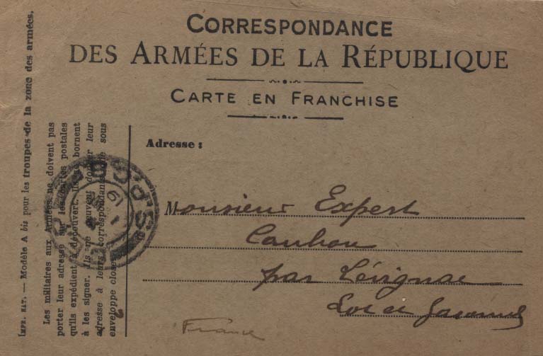 0966.jpg -     Lote:    966                   Descrição:         1.ª Guerra Mundial. Inteiro Postal isento de franquia das Forças Armadas Francesas, distribuído a militar português, circulado do S.P.C. 8 (01.03.19) para Levignac * França (05.03.1919). Censurado pela censura portuguesa. Carimbo do censor 82, batido a vermelho no verso.        IC       Valor Base:     &euro; 10,00     Valor Venda:     Retirado     