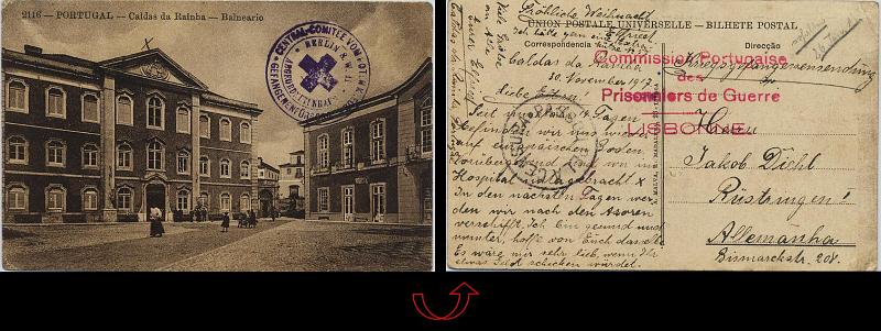 0969.jpg -     Lote:    969                   Descrição:         1.ª Guerra Mundial. Depósito de Prisioneiros das Caldas da Rainha. Postal ilustrado circulado isento de franquia das Caldas da Rainha (30.11.17) para a Alemanha. Carimbo de censura circular, batido a preto "PASSOU PELA / CESURA" + carimbo linear batido a vermelho "COMISSION PORTUGAISE / DES / PRISONNIERS DE GUERRE / LISBONNE". Na frente carimbo batido a violeta da Cruz Vermelha da Alemanha. MB e R.        PI       Valor Base:     &euro; 120,00     Valor Venda:     Retirado     
