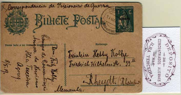 0970.jpg -     Lote:    970                   Descrição:         1.ª Guerra Mundial. Isentos de franquia. 1913 &mdash; Ceres. Bilhetes-postais do Continente com sobrecarga AÇORES. OM38, 1C verde escuro, distribuídos gratuitamente aos prisioneiros de guerra, remetido de Angra do Heroísmo (14.05.19) para a Alemanha. Carimbo mal batido a vermelho "DEPÓSITO / DE / CONCENTRADOS ALEMÃES / NA / ILHA TERCEIRA".        IC       Valor Base:     &euro; 40,00     Valor Venda:     &euro; 40,00     