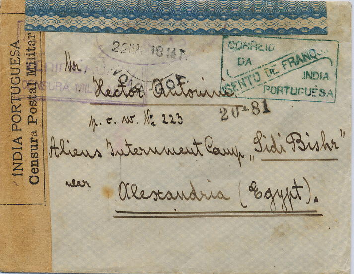 0971.jpg -     Lote:    971                   Descrição:         1.ª Guerra Mundial. Carta circulada isenta de franquia de Nova Goa (22.05.14) para o Campo de Prisioneiros de Guerra de "Sidi Birsh" em Alexandria (Egipto), por prisioneiro de guerra detido no Quartel de Artilharia em Nova Goa. Carimbo de isenção rectangular batido a verde "CORREIO DA ÍNDIA PORTUGUESA / ISENTO DE FRANQUIA" + cinta de censura creme impressa "ÍNDIA PORTUGUESA / CENSURA POSTAL MILITAR" + carimbo de censor 7, batido a violeta. Isento de franquia pela Convenção Postal Universal de Washington. MB e R.        Carta       Valor Base:     &euro; 400,00     Valor Venda:     &euro; 500,00     
