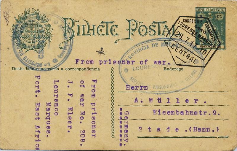 0975.jpg -     Lote:    975                   Descrição:         1.ª Guerra Mundial. 1.º Depósito de Prisioneiros de Guerra de Lourenço Marques. 1914 - Ceres, OM28, 1C. Inteiro postal, distribuídos gratuitamente aos prisioneiros de guerra, remetido de Lourenço Marques (28.07.17) para Hannover. Carimbos batidos a azul: oval "PROVÍNCIA DE MOÇAMBIQUE / LOURENÇO MARQUES / SERVICE DE PRISONNIERS DE GUERRE" e circular "1.º DEPÓSITO DE PRISIONEIROS DE GUERRA / CENSURA / LOURENÇO MARQUES". MB e R.        IC       Valor Base:     &euro; 200,00     Valor Venda:     Retirado     