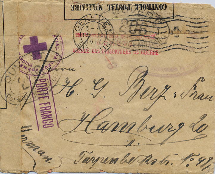 0978.jpg -     Lote:    978                   Descrição:         1.ª Guerra Mundial. 1.º Depósito de Prisioneiros de Guerra de Lourenço Marques. Sobrescrito circulado isento de porte de Lourenço Marques para Hamburgo, com trânsito por Geneve (15.11.17), censurado com cintas e carimbo da censura francesa, remetido pelo prisioneiros de guerra n.º 171. Carimbo circular com bandeira batido a violeta ""DELEGAÇÃO PROVINCIAL DA CRUZ VERMELHA / LOURENÇO MAQUES / PORTE FRNACO" + carimbo oval batido a violeta "PROVÍNCIA DE MOÇAMBIQUE / LOURENÇO MARQUES / SERVICE DE PRISONNIERS DE GUERRE". MB e MR.        Carta       Valor Base:     &euro; 400,00     Valor Venda:     Retirado     