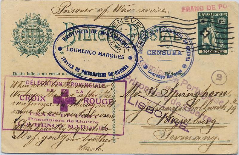 0979.jpg -     Lote:    979                   Descrição:         1.ª Guerra Mundial. 1.º Depósito de Prisioneiros de Guerra de Lourenço Marques. 1914 - Ceres, OM28, 1C. Inteiro postal, distribuídos gratuitamente aos prisioneiros de guerra, remetido de Lourenço Marques (12.07.17) para Hamburgo. Carimbos batidos a azul: oval "PROVÍNCIA DE MOÇAMBIQUE / LOURENÇO MARQUES / SERVICE DE PRISONNIERS DE GUERRE" e circular "1.º DEPÓSITO DE PRISIONEIROS DE GUERRA / CENSURA / LOURENÇO MARQUES" + carimbo rectangular batido a violeta "DÉLÉGATION PROVINCIALE / DE CROIX ROUGE / FRANC DE PORT / PRISIONNIERS DE GUERRE / LOURENÇO MARQUES" e carimbo linear a violeta da Cruz vermelha de Lisboa . MB e R.        IC       Valor Base:     &euro; 350,00     Valor Venda:     &euro; 450,00     