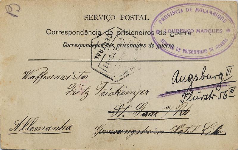 0980.jpg -     Lote:    980                   Descrição:         1.ª Guerra Mundial. 1.º Depósito de Prisioneiros de Guerra de Lourenço Marques. Inteiro Postal isento de franquia, impresso " SERVIÇO POSTAL / Correspondência de prisioneiros de guerra / Correspondence des prisonniers de guerre" mandados imprimir para uso exclusivo dos prisioneiros de guerra, remetido de Lourenço Marques (04.09.16) para a Alemanha. Carimbo oval batido a violeta "PROVÍNCIA DE MOÇAMBIQUE / LOURENÇO MARQUES / SERVICE DE PRISONNIERS DE GUERRE". B e R.        IP       Valor Base:     &euro; 200,00     Valor Venda:     Retirado     